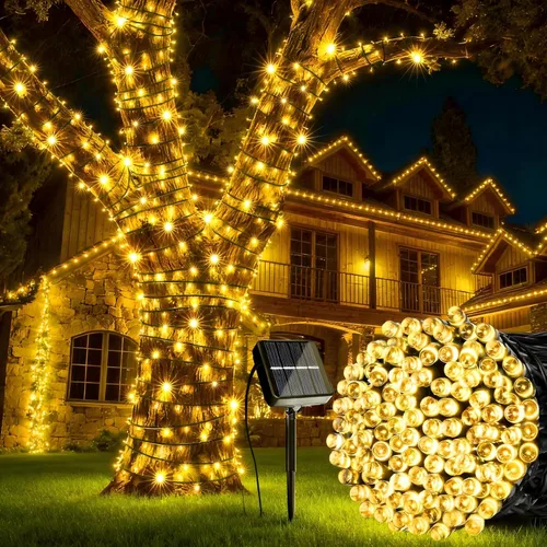 Vista 12 de Joomer Luces Solares Navideñas en Cadena, 39 pies, 100 LED, luces impermeables para exteriores con 8 modos de luces centelleantes para jardín, Verde