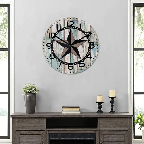 Vista 6 de Reloj de pared redondo de 12 pulgadas, con estrella del oeste de Texas, reloj de pared decorativo, reloj de madera retro, sin tictac, funciona