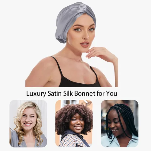 Vista 3 de Gorro de satén de seda ajustable para envolver el cabello para dormir, gorro de dormir de doble capa, turbante nocturno para cabello largo y rizado