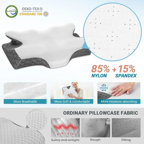 Vista 5 de Elviros Almohada cervical para dormir, almohada de espuma viscoelástica para aliviar el dolor de cuello, almohadas refrescantes para adultos