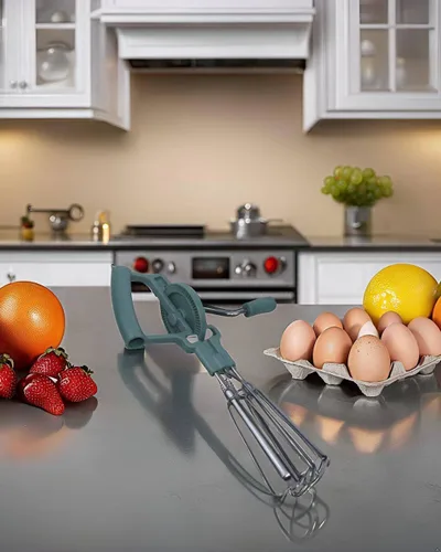 Vista 8 de Juego combinado de batidor de huevos de manivela de mano, batidor rápido de huevos giratorio de doble cabeza con 4 tazas de vidrio de borosilicato