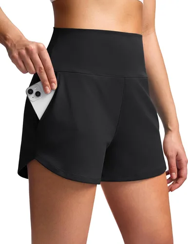 Soothfeel Pantalones cortos deportivos de cintura alta para mujer, 3.5 pulgadas, control de abdomen, cómodos, para entrenamiento, gimnasio,