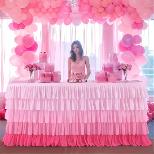 Vista 3 de Falda de mesa de tul con tutú rosa de 6 pies para mesas redondas rectangulares, mantel de gasa para decoración de fiesta de primer cumpleaños, baby