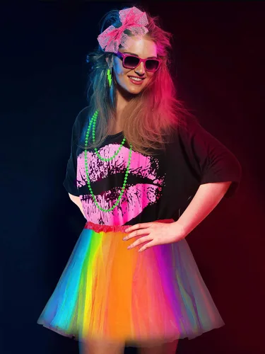 Vista 5 de Blulu Conjunto de accesorios de disfraz de los años 80 camiseta tutú con diadema aretes collar calentadores de piernas