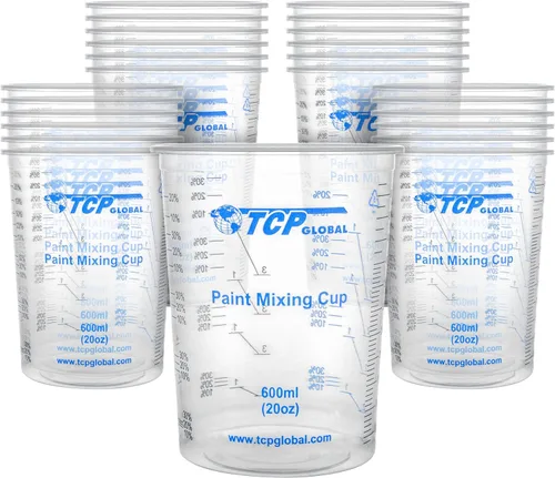 TCP Global Vasos mezcladores de plástico graduados de 20 onzas (20.3 fl oz), caja de 25 con 25 varillas de mezcla, vasos medidores de plástico