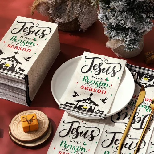 Vista 4 de Pasimy 100 servilletas de papel de Navidad desechables Jesús es la razón de la temporada, servilletas de papel para invitados, toallas de mano Rojo