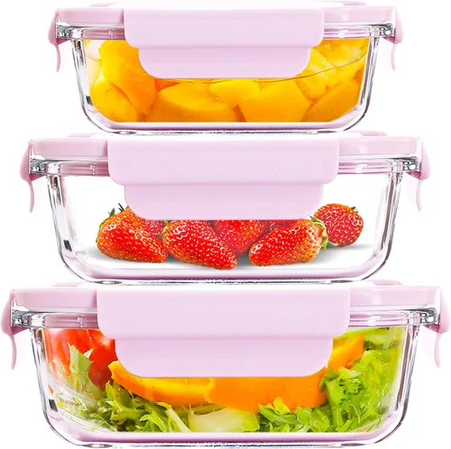 Vista 9 de 6 recipientes rectangulares de vidrio para almacenamiento de alimentos con tapas, recipientes de preparación de comidas para almacenamiento de Azul