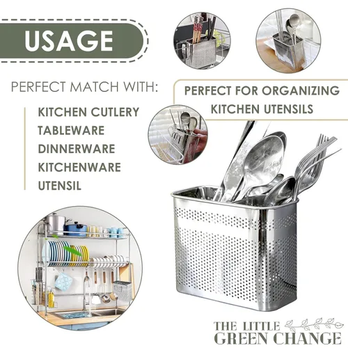 Vista 4 de Utensilios de cocina, soporte para palillos, cesta de secado con ganchos, 2 compartimentos divididos, acero inoxidable de calidad, grande, 5.4