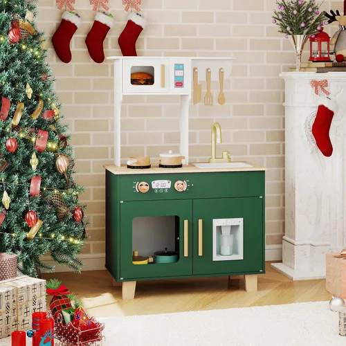 HONEY JOY Play Kitchen, juego de cocina retro de juguete de madera con estufa, fregadero, grifo, microondas, máquina de hielo, utensilios de cocina,