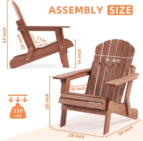 Vista 3 de Silla Adirondack plegable de madera de gran tamaño con respaldo y tablero de asiento premontados, silla de descanso para patio al aire libre