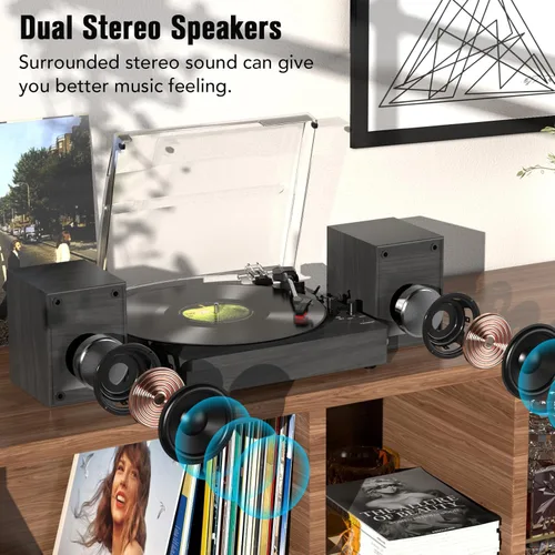 Vista 6 de Reproductor de discos de vinilo con dos altavoces estéreo, tocadiscos con reproducción Bluetooth de 3 velocidades, entrada AUX para auriculares