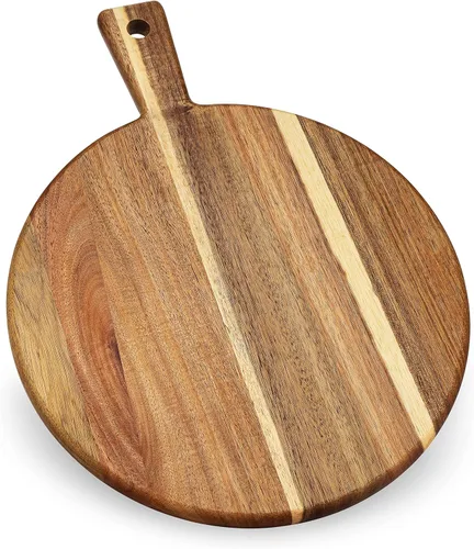 Vista 8 de Tabla de cortar de madera de acacia y tabla de cortar con mango para carne, tabla de queso, verduras, pan y embutidos – Tabla decorativa de madera