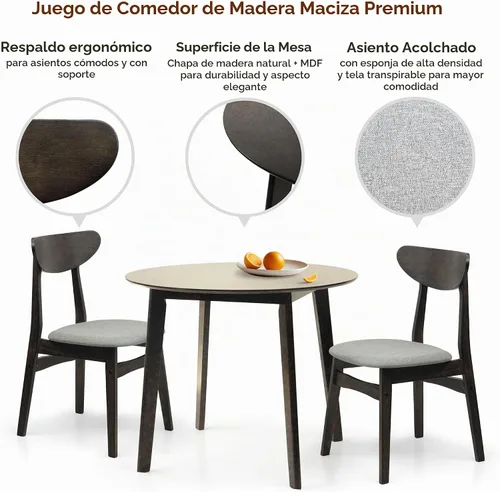 Vista 2 de Juego de 3 mesas redondas de cocina y 2 sillas laterales Yumiko de madera maciza con asiento acolchado