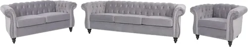Vista 30 de RARZOE Juego de 3 piezas de muebles de sala de estar, sofá Chesterfield de terciopelo moderno, silla de club Chesterfield y sofá de dos plazas Mango