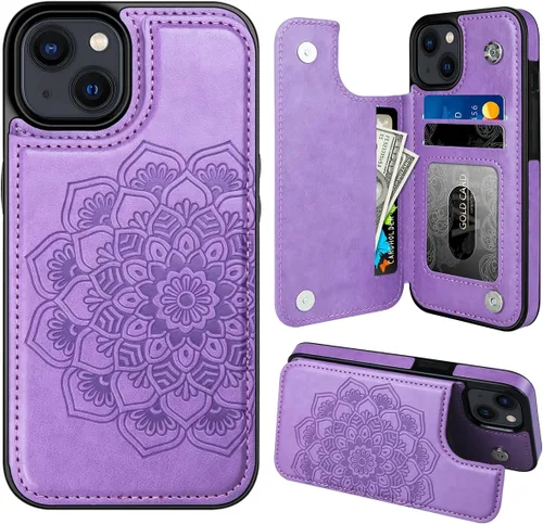 Vista 17 de MMHUO para iPhone 14 Funda con Tarjetero, Funda Flip Magnética con Flores en la Parte Posterior para Cartera de iPhone 14 para Mujeres, Funda Azul