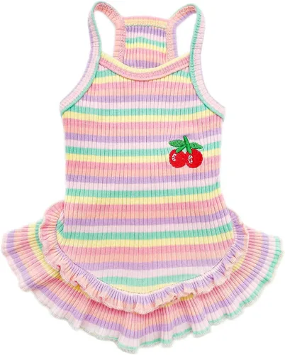 Vista 8 de Lindo vestido de perro para perros pequeños y niña, ropa de cumpleaños, ropa de primavera y verano, trajes de perro, arco iris, colorido, a rayas