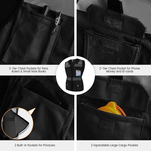 Vista 4 de Chaleco de seguridad para mujer con 11 bolsillos y cremallera, chaleco reflectante de alta visibilidad ajustado, chaleco de seguridad de neón