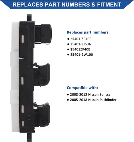 Vista 3 de Obaee Power Master - Interruptor de ventana 25401-ZJ60A para lado del conductor compatible con Nissan Sentra 2008-2012, Nissan Pathfinder 2005-2008