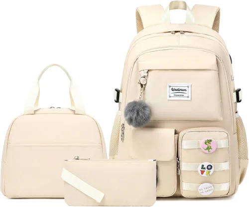 Wadirum Conjunto de mochila casual para mujer, conjunto de mochila escolar para niña, lindo portátil Ruaksack, Beige, Mochilas de mochila