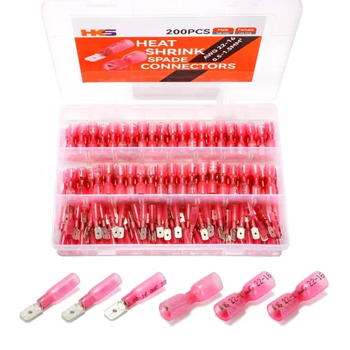 Vista 18 de HKS 100 conectores de pala hembra azul 16-14 AWG – Kit de conectores de cable de desconexión rápida eléctricos termorretráctiles – cobre rojo