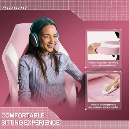 Vista 6 de Silla ergonómica de escritorio para juegos de computadora, piel sintética con soporte lumbar ajustable y reposacabezas, reposabrazos abatibles