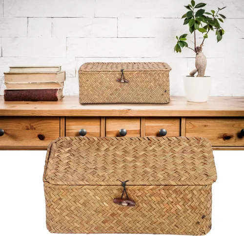 Vista 4 de Cesta de almacenamiento tejida con tapa, organizador de hierba marina natural, caja rectangular para estantes, cestas de mimbre de ratán para ropa