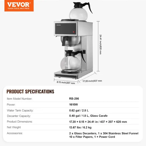 Vista 7 de VEVOR Cafetera comercial de goteo, cafetera de 12 tazas con 2 jarras de vidrio y 2 platos calentadores de decantador, cafetera de acero inoxidable