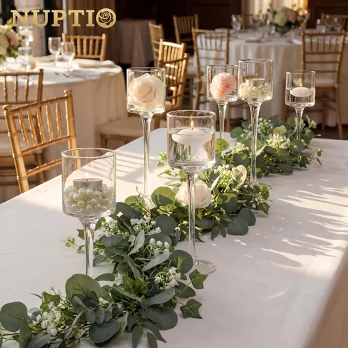 Vista 5 de NUPTIO Portavelas de cristal Tealight: juego de 3 candelabros de tallo largo para centro de mesa de cena, velas flotantes Monet