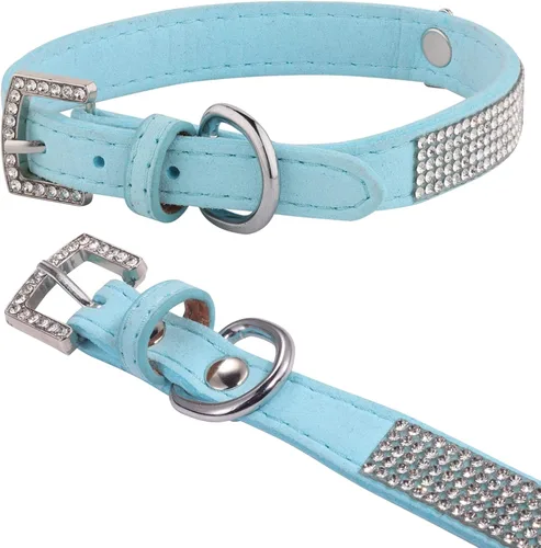 Collar para perro, collar de gato, hebilla plateada brillante de lujo y diamante brillante con decoración de corona de diamantes de imitación Azul