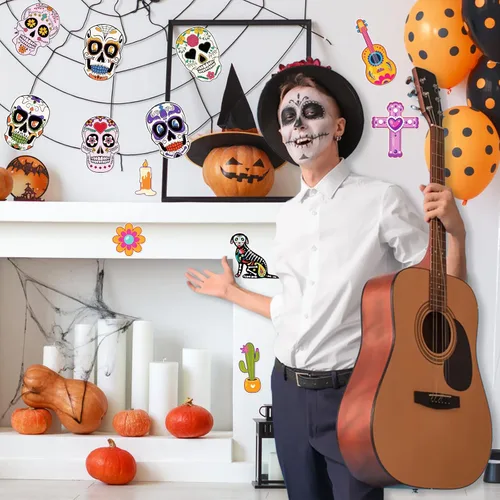Vista 5 de WhatSign Decoraciones del Día de los Muertos, recortes de Halloween, decoración de calavera de azúcar, decoración de papel Dia De Los Muertos
