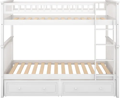 Vista 105 de Harper & Bright Designs Litera de tamaño matrimonial sobre matrimonial con 3 cajones, litera de madera maciza con almacenamiento y riel de Gris