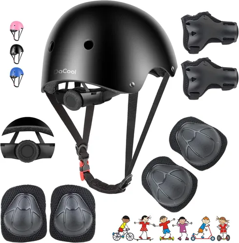 Vista 10 de DaCool Juego de casco de bicicleta para niños, rodilleras para patineta, coderas, muñequeras ajustables para niños de 3 a 10 años