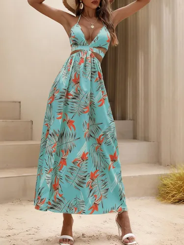 Vista 6 de MakeMeChic Vestido largo de verano con cuello en V profundo y abertura en la espalda abierta para mujer