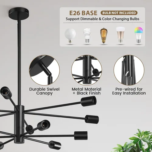 Vista 4 de KAISITE Lámpara de araña Sputnik moderna – Lámpara de techo de granja negra de 12 luces para comedor, cocina, sala de estar