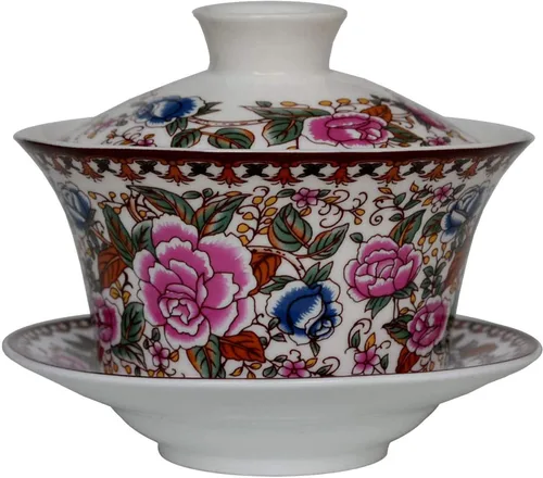 Vista 4 de YBK Tech - Taza de té grande de Gaiwan, de porcelana de 10 onzas, con platillo y tapa, Gaiwan tradicional chino, cuenco de té Sancai (5#)
