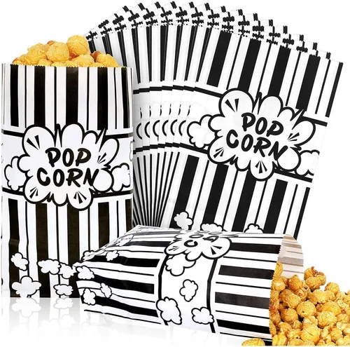 Whaline 100 bolsas de papel para palomitas de maíz de noche de película, 2 onzas, rayas blancas y negras, contenedor de palomitas de maíz de fondo