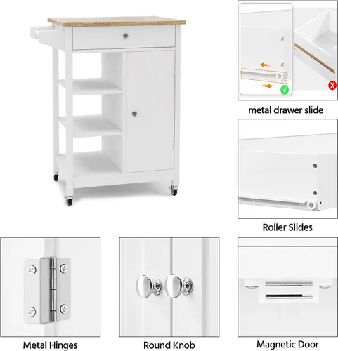 Vista 26 de RASOO Isla de cocina con almacenamiento, carrito de cocina blanco rodante sobre ruedas, estante ajustable, carrito de isla de madera maciza de goma