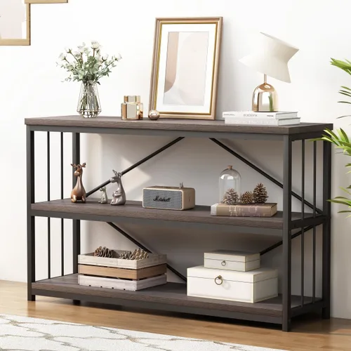 Vista 18 de LVB Mesa consola industrial, mesa de sofá de metal y madera, mesa de entrada rústica con almacenamiento, moderno estante de 3 niveles mesa larga