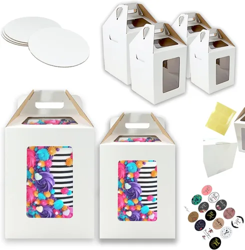 Paquete de 4 cajas altas de tres asas para pasteles con ventanas en 2 tamaños de 10 x 10 x 12 y 12 x 12 x 14 + 4 tablas de pastel de 10 y 12
