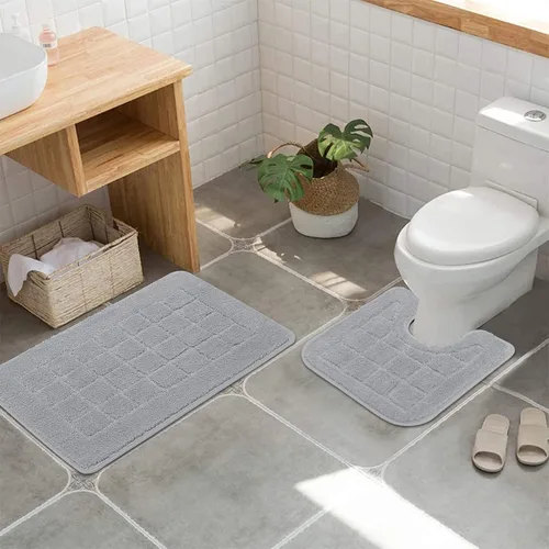 Vista 6 de HEBE Juego de 2 alfombras de baño antideslizantes grises para baño, tapete de baño de microfibra para ducha y inodoro en forma de U, lavable a