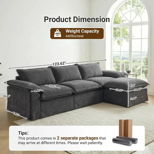 Vista 2 de Claiks Sofá modular deshuesado de 123 pulgadas, sofá en forma de L para sala de estar, sofá moderno de asiento profundo de 3 plazas, tela de Gris