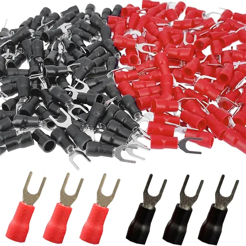 Vista 10 de 100 piezas 12-10 AWG Conectores de cable con anilla de horquilla y pala, tipo U, eléctricos, con aislamiento negro y rojo, terminales de crimpado