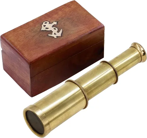 Vista 8 de Mythrojan Telescopio de mano de latón de 6 pulgadas Mini Spyglass con caja de madera, binocular pirata, accesorio de cosplay decorativo monocular