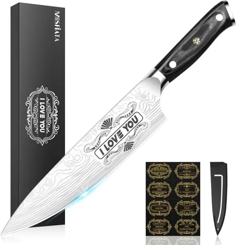 Vista 11 de MOSFiATA - Cuchillo de chef de 10 pulgadas súper afilado, cuchillo de cocina profesional con protector de dedos en caja de regalo, cuchillo