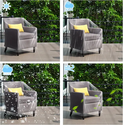 Vista 3 de Tudomro 4 fundas para sillas de plástico para exteriores, impermeables para sillón, transparentes, a prueba de polvo, funda de sofá de plástico