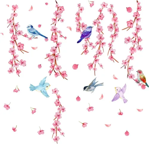 Vista 4 de SUPERDANT Calcomanías de pared de ramas de ciruelo, pájaros, calcomanías de pared de flores rosas, calcomanías de decoración de pared, calcomanías