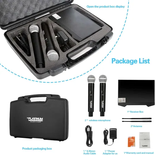 Vista 7 de El sistema de micrófono inalámbrico UHF Platino, rango UHF de 200 pies, sistema de micrófono dinámico de mano profesional de doble canal
