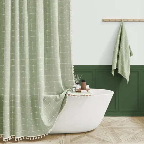 Vista 38 de BTTN - Cortina pequeña de tela para ducha, bohemia y campestre, con borlas, estilo rústico, para baño, de lino, con 6 ganchos de plástico