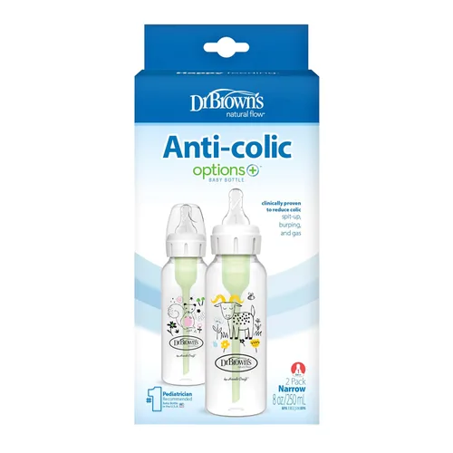 Vista 7 de Dr. Brown's Natural Flow Anti-Colic Options+ Biberón estrecho para bebé, cabra y ardilla, 8 oz/250 mL, con tetina de flujo lento nivel 1, libre