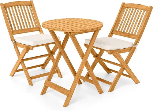 Vista 9 de Giantex Juego de 3 piezas de mesa plegable de madera, 2 sillas acolchadas para jardín, muebles de exterior mesa redonda (natural y beige)